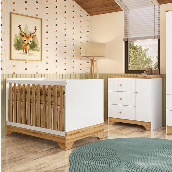 Imagem de Quarto de Bebê Cômoda 1 Porta e Berço Minicama 100% Mdf Ravy Espresso Móveis Branco Brilho/Amêndoa