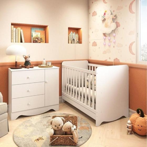 Imagem de Quarto de Bebê Cômoda 3 Gavetas 1 Porta Berço Americano 3 em 1 Pirueta Espresso Móveis Branco Brilho
