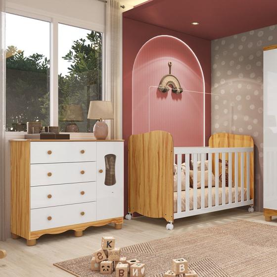 Imagem de Quarto de Bebê Cômoda com 1 Porta Janelada e Berço com Rodízios 100% Mdf Lana Espresso Móveis Branco Brilho/Amêndoa