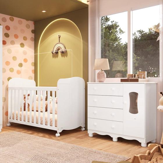 Imagem de Quarto de Bebê Cômoda com 1 Porta Janelada e Berço com Rodízios 100% Mdf Lana Espresso Móveis Branco Brilho