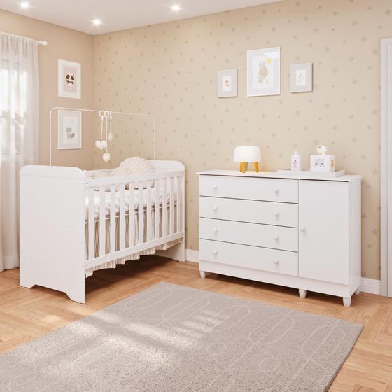 Imagem de Quarto de Bebê Cômoda Infantil com Fraldário Taís Berço 3 em 1 Gabrielle Branco Carolina Baby