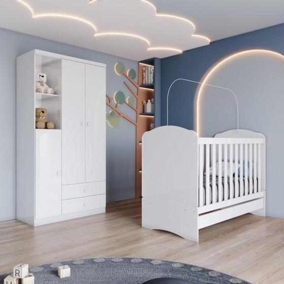 Imagem de Quarto de Bebê Compacto com Berço e Guarda Roupa Faz de Conta Espresso Móveis Branco/Rosa Chá