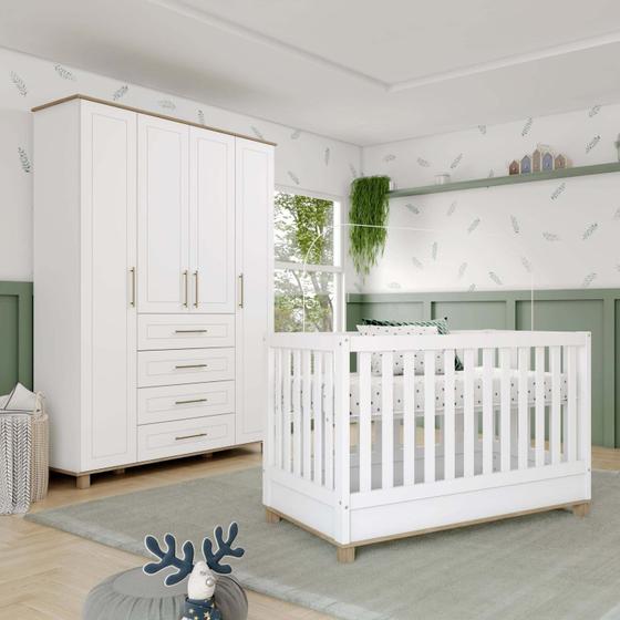 Imagem de Quarto de Bebê Compacto Retrô Berço 100% Mdf e Guarda Roupas 4 Portas e 4 Gavetas Zoe