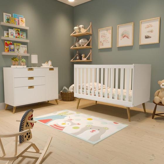 Imagem de Quarto de Bebê Completo 1 Berço com 1 Cômoda 3 Gavetas Caring Serpil Baby Branco/Carvalho