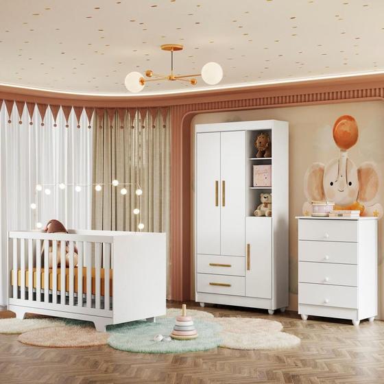 Imagem de Quarto de Bebê Completo 100% MDF com Cômoda Berço e Guarda Roupa 1 MDF Nina Branco