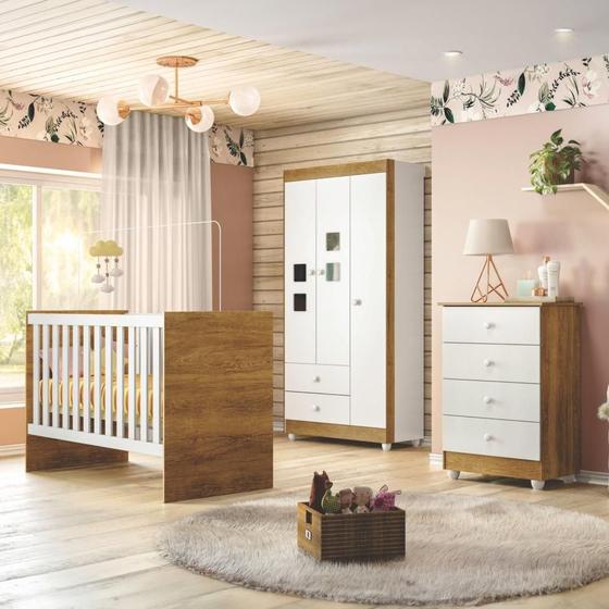 Imagem de Quarto de Bebê Completo 100% MDF com Guarda Roupa 3 Portas, Cômoda e Berço Life Espresso Móveis Branco/Ypê