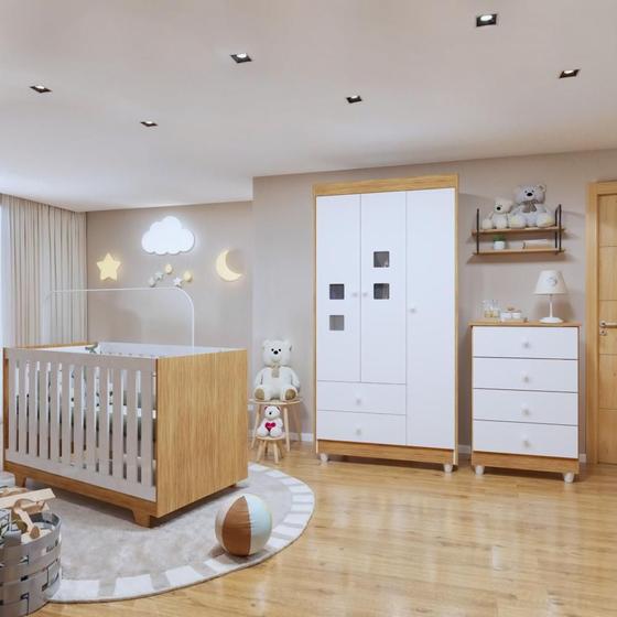 Imagem de Quarto de Bebê Completo 100% MDF com Guarda Roupa 3 Portas, Cômoda e Berço Mini Cama Life Espresso Móveis Branco/Ypê