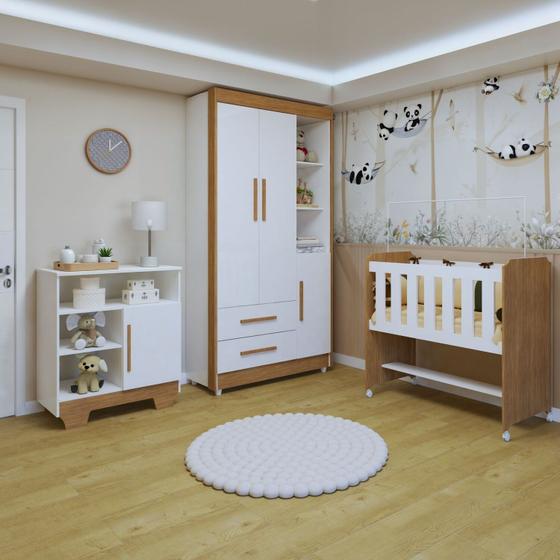 Imagem de Quarto de Bebê Completo 100% Mdf com Guarda Roupa, Cômoda e Mini Berço Sonharte