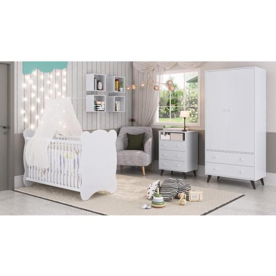 Imagem de Quarto de Bebe Completo 3 Peças 1 Cômoda 1 Roupeiro 1 Berço Pipoca Móveis Percasa Branco