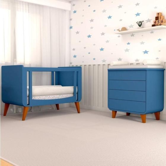 Imagem de Quarto de Bebê Completo Berço 2 em 1 com Cômoda 4 Gavetas e-Galaxy Timber Azul