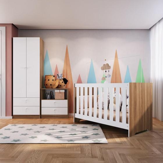 Imagem de Quarto de Bebê Completo Berço 3 em 1 com Colchão Cômoda Trocador e Guarda Roupas Espresso Móveis Nogal/Branco