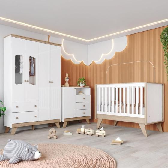 Imagem de Quarto de Bebê Completo Berço 3 em 1 com Guarda Roupa 4 Portas e Cômoda Retrô Theo Espresso Móveis Branco/Jequitibá HP