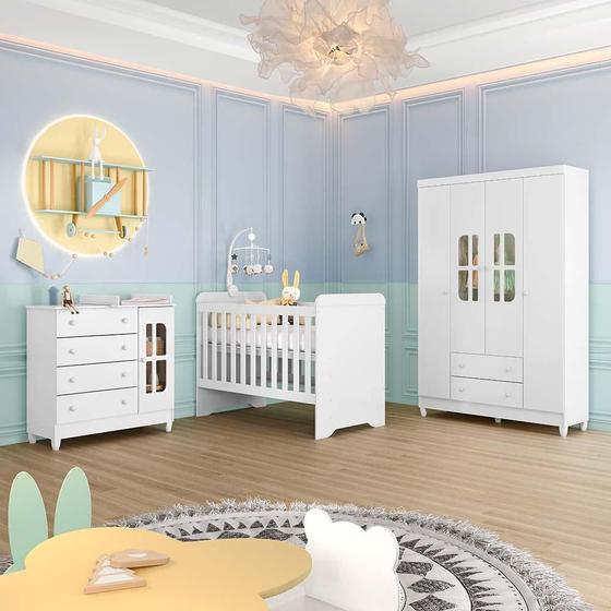 Imagem de Quarto de Bebê Completo Berço 3 em 1 Gabrielle Guarda Roupa 4 Portas Cômoda com Porta Fraldario Infantil Branco Carolina Baby