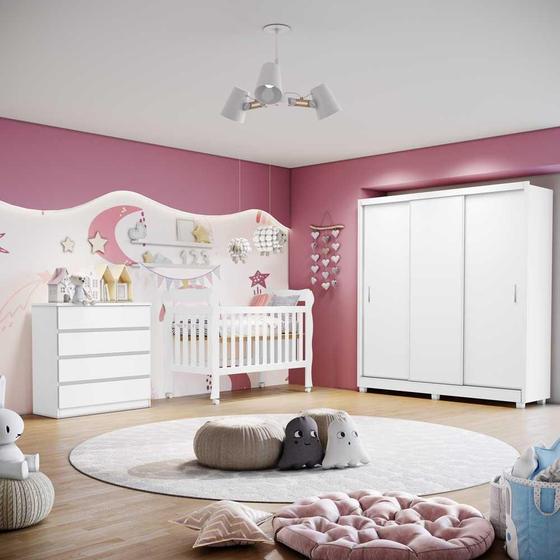 Imagem de Quarto de Bebê Completo Berço 3 em 1 Guarda Roupa 3 Portas de Correr Cômoda Gaveteiro Infantil Branco Carolina Baby