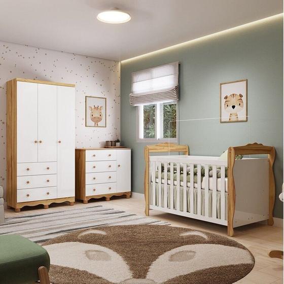 Quarto de Bebê Completo Berço 3 em 1, Guarda-Roupa 3 Portas e Cômoda 100% MDF Nina Espresso Móveis Branco/Brilho/Amêndoa