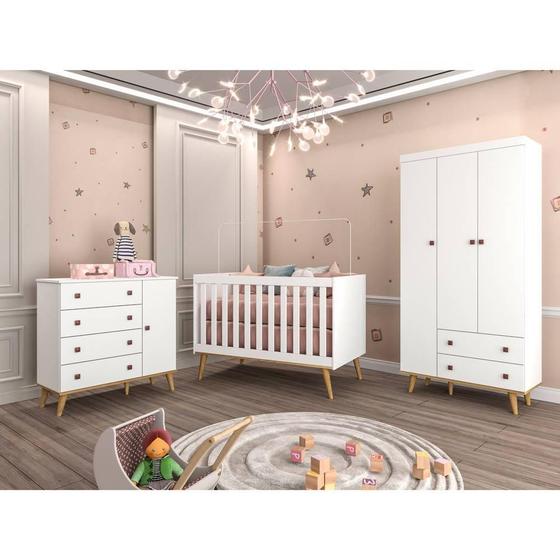 Imagem de Quarto de Bebê Completo Berço 3 em 1 Retro Guarda Roupa 3 Portas Cômoda com Porta Fraldario Infantil Branco Carolina Baby