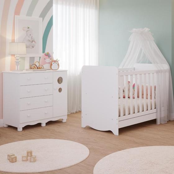 Imagem de Quarto de Bebê Completo Berço Americano Ben 3 em 1 Cômoda 1 Porta 3 Gavetas 100% MDF Bolinha