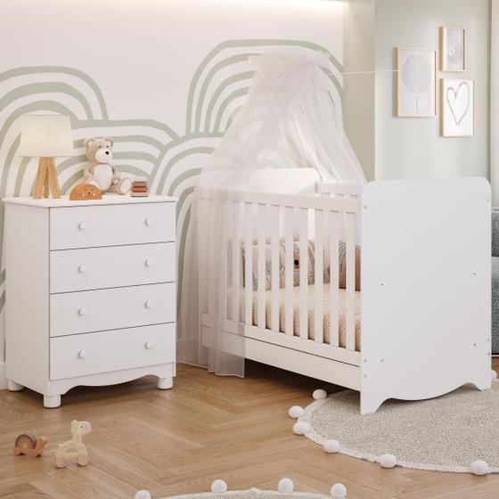 Imagem de Quarto de Bebê Completo Berço Americano Ben 3 Em 1 Cômoda Júnior Simples 4 Gavetas  Branco Carvalho 100% MDF Móveis Peroba