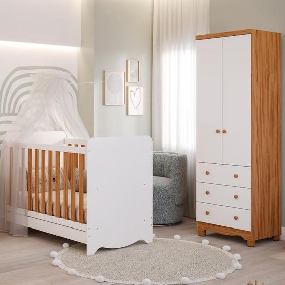 Imagem de Quarto de Bebê Completo Berço Americano Ben 3 Em 1 Guarda Roupa Júnior 2 Portas 3 Gavetas Branco Carvalho 100% MDF Móveis Peroba