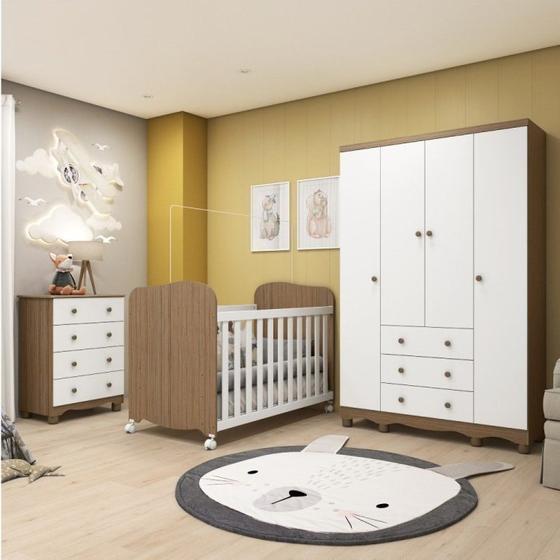 Imagem de Quarto de Bebê Completo Berço Americano Guarda Roupa 4 Portas Cômoda 4 Gavetas Júnior
