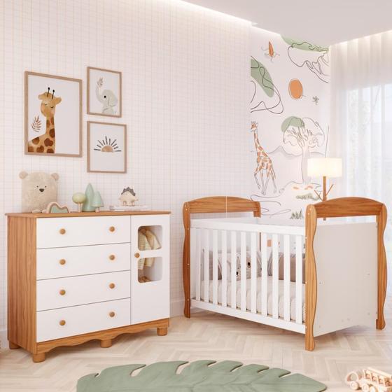 Imagem de Quarto de Bebê Completo Berço Americano Marquesa 3 Em 1 Cômoda Uli 4 Gavetas 1 Porta Branco Carvalho 100% MDF Móveis Peroba