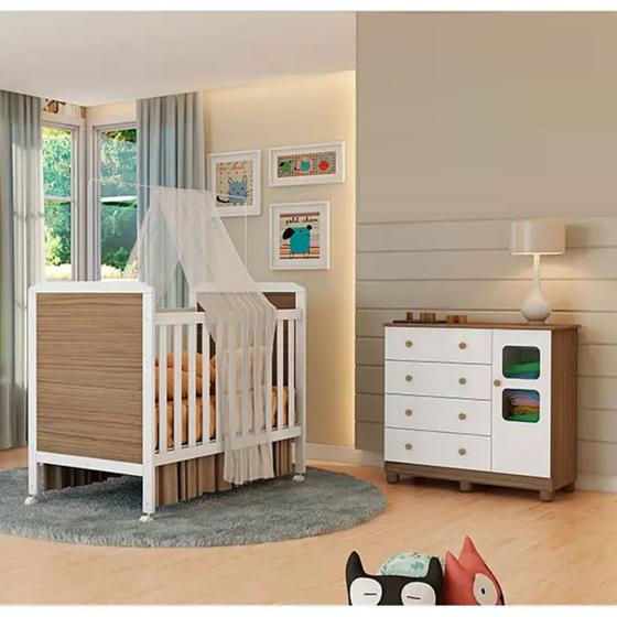 Imagem de Quarto de Bebê Completo Berço Americano Mini Cama Cloe 2 Em 1 Cômoda Uli 4 Gavetas 1 Porta Móveis Peroba