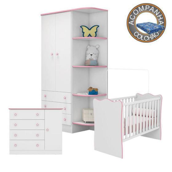 Imagem de Quarto de Bebê Completo Berço Colchão Physical Guarda Roupa Cômoda Doce Sonho Br.Rosa Qmovi Ortobom