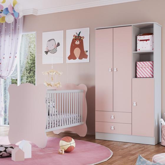 Imagem de Quarto de Bebê Completo Berço com Guarda Roupa 3 Portas 2 Gavetas 2 Nichos Algodão Doce Móveis Perca