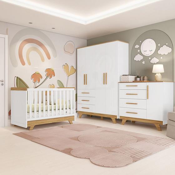 Imagem de Quarto De Bebê Completo Berço Guarda-Roupa E Cômoda Lisa Retrô MDF Móveis Peroba