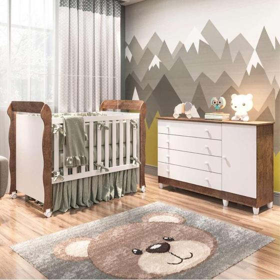 Imagem de Quarto de Bebê Completo Berço Mini Cama Cômoda com Porta Fraldario Amadeirado Carolina Baby