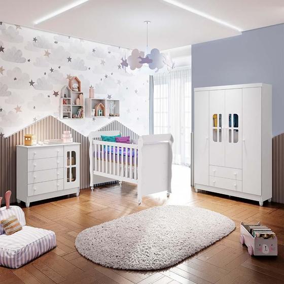 Imagem de Quarto de Bebê Completo Berço Mini Cama Guarda Roupa 4 Portas Cômoda com Porta Fraldario Infantil Branco Carolina Baby