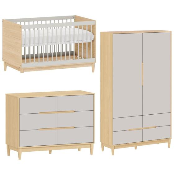 Imagem de Quarto de Bebê Completo Cinza com Carvalho Berço Cômoda e Guarda Roupa Linha Tomi Quater