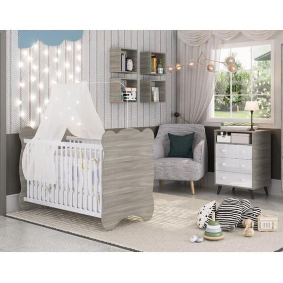 Imagem de Quarto de Bebê Completo com 1 Berço e 1 Cômoda Panda Móveis Percasa Fresno/Branco