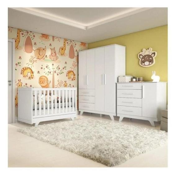 Imagem de Quarto de Bebê Completo com 1 Guarda Roupa 1 Cômoda 1 Berço 100% MDF Kakau Espresso Móveis Branco