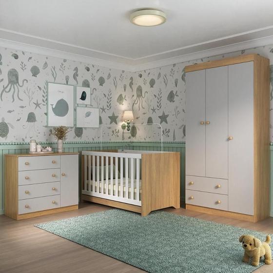 Quarto de Bebê Completo com Berço Americano 3 em 1 para Colchão 130x70cm Encanto Multimóveis MP4589