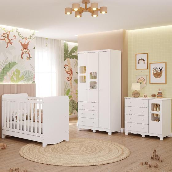 Imagem de Quarto de Bebê Completo com Berço Americano Ben 3 Em 1 Guarda Roupa 3 Portas e Cômoda Uli 4 Gavetas 100%MDF Móveis Peroba