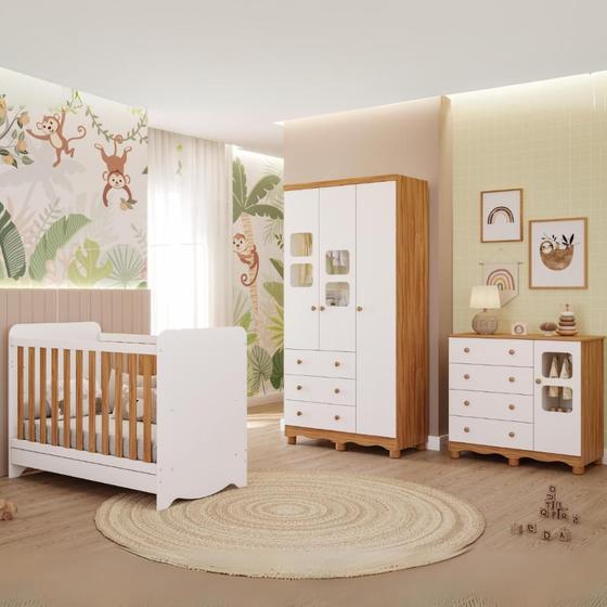 Imagem de Quarto de Bebê Completo com Berço Americano Ben 3 Em 1 Guarda Roupa 3 Portas e Cômoda Uli 4 Gavetas MDF