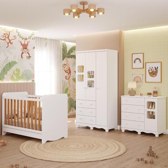 Imagem de Quarto de Bebê Completo com Berço Americano Ben 3 Em 1 Guarda Roupa 3 Portas e Cômoda Uli 4 Gavetas MDF