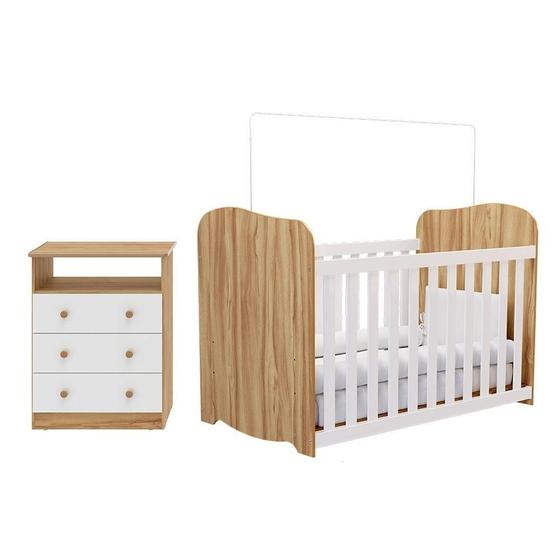 Imagem de Quarto de Bebê Completo com Berço Americano Uli Guarda Roupa e Cômoda Smim New 100% MDF Móveis Peroba Branco Brilho/Amêndoa