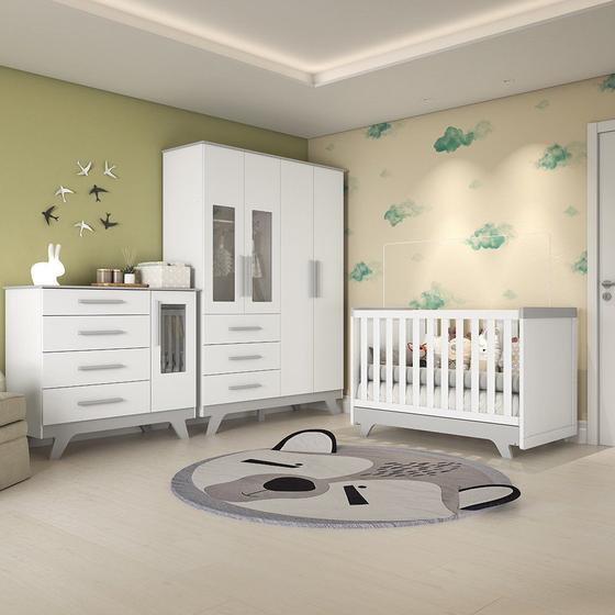 Imagem de Quarto de Bebê Completo com Berço Cômoda e Guarda Roupa com Janela em Acrílico 100% MDF Jolie retrô