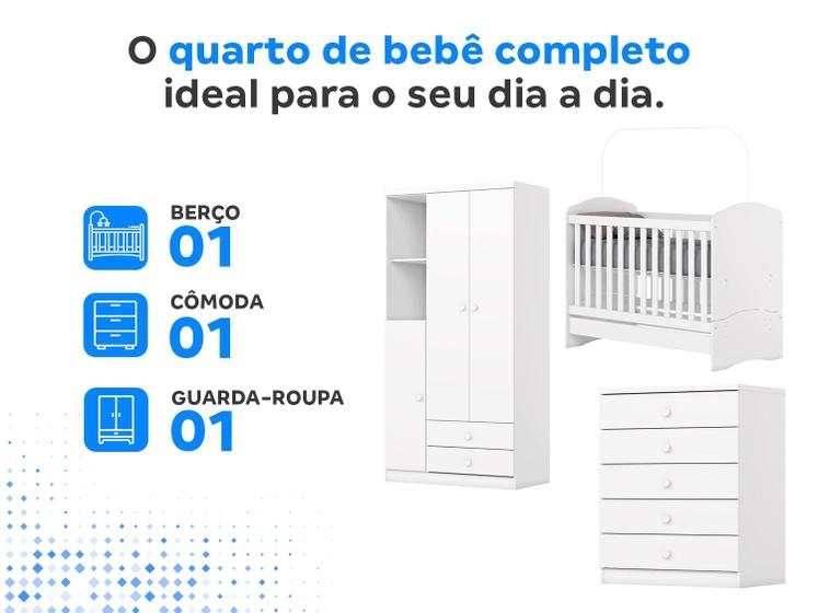 Quarto de Bebê Completo com Berço Cômoda e Guarda-roupa Henn Bala de Menta Branco