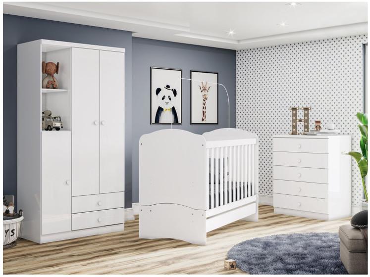 Quarto de Bebê Completo com Berço Cômoda e Guarda-roupa Henn Bala de Menta Branco Menor preço em Quarto de Bebê Completo com Berço Cômoda e Guarda-roupa Henn Bala de Menta Branco