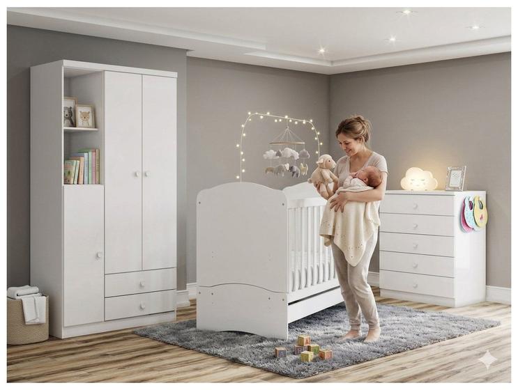 Quarto de Bebê Completo com Berço Cômoda e Guarda-roupa Henn Bala de Menta Branco