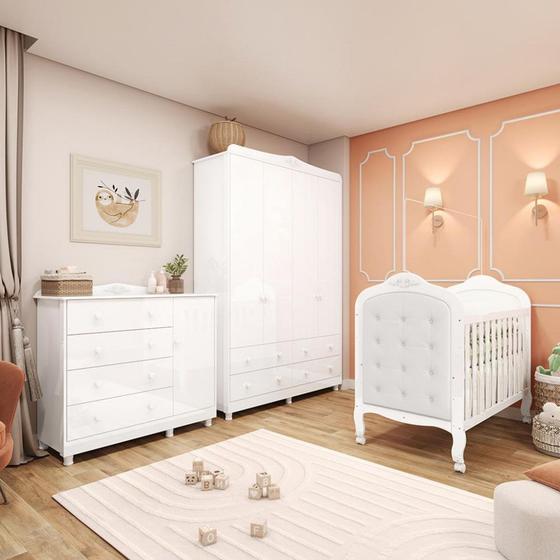 Imagem de Quarto de Bebê Completo com Berço Mini Cama com capitonê Guarda-Roupa e Cômoda 100 MDF Elô New Móveis Peroba