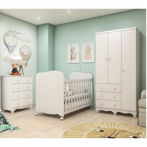 Imagem de Quarto de Bebê Completo com Berço Mini Cama Guarda Roupa 3 Portas e Cômoda 100% MDF Mimo Móveis Peroba Branco Brilho
