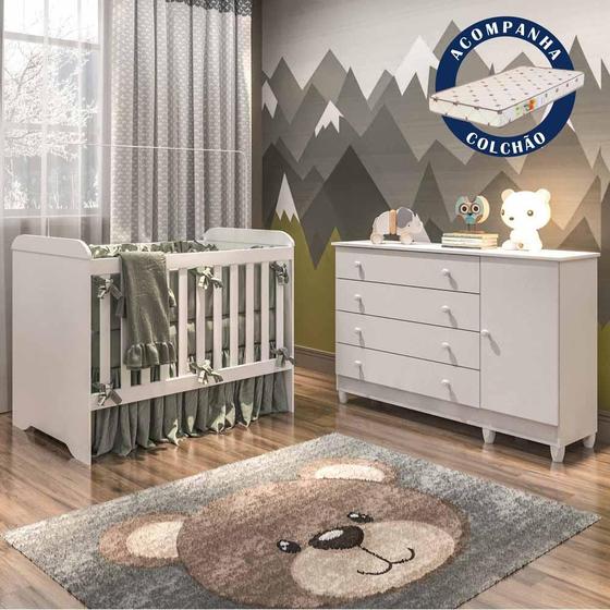 Imagem de Quarto de Bebê Completo com Colchão Berço 3 em 1 Gabrielle Cômoda com Porta Fraldário Branco Carolina Baby