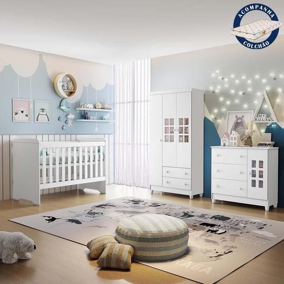 Imagem de Quarto de Bebê Completo com Colchão Berço 3 em 1 Gabrielle Guarda Roupa 3 Portas Cômoda Com Porta Fraldario Infantil Branco Carolina Baby