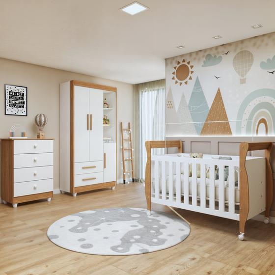 Imagem de Quarto de Bebê Completo com Cômoda, Berço com Colchão e Guarda Roupas Mia