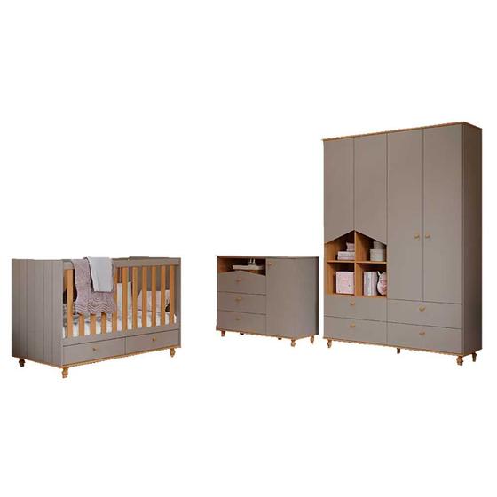 Imagem de Quarto de Bebê Completo com Cômoda Guarda Roupa com Nichos e Berço 100% MDF Permóbili Baby Fendi/Nature