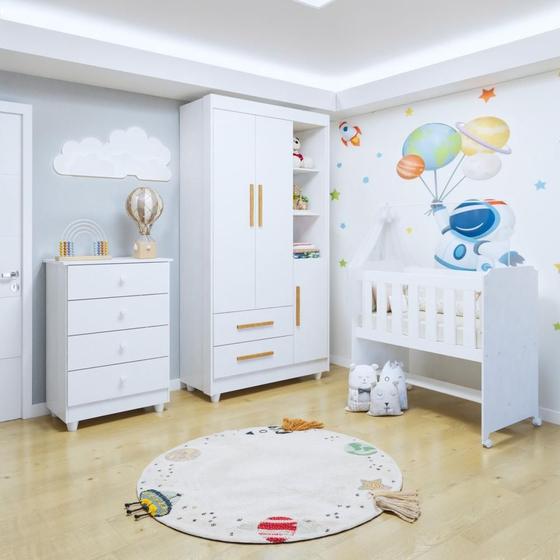 Imagem de Quarto de Bebê Completo com Cômoda, Mini Berço com Colchão e Guarda Roupas Lila Branco